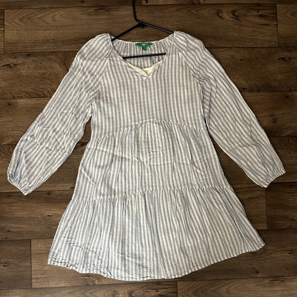 Dip White Blue Striped Long Puff Sleeve V-Neck Mini Dress